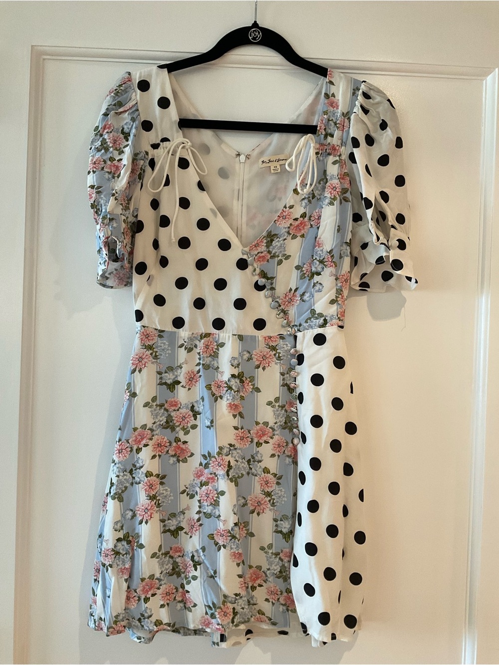 For Love & Lemons Cream Mini Dress with Black Polka Dots & Pink Floral